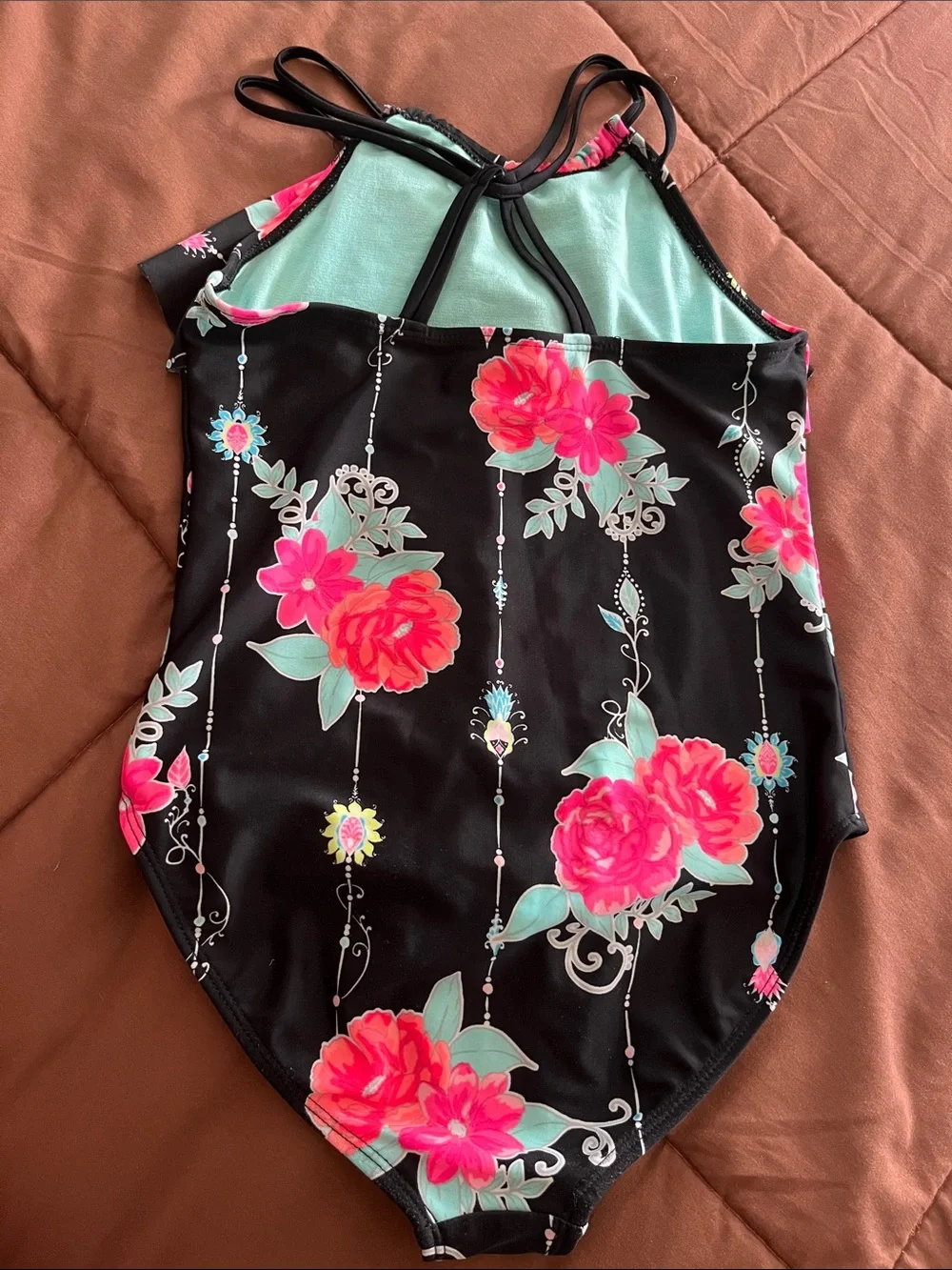 wonder nation Black One-Piece Swimsuit with Pink Floral & Mint Accents
